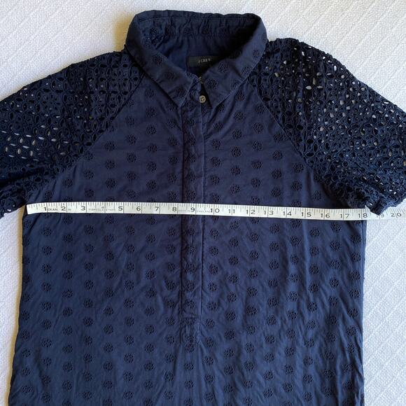 J. Crew Navy Eyelet Shirt Dress Short Sleeve Collar Button Placket Size 4 Preppy - Picture 7 of 9